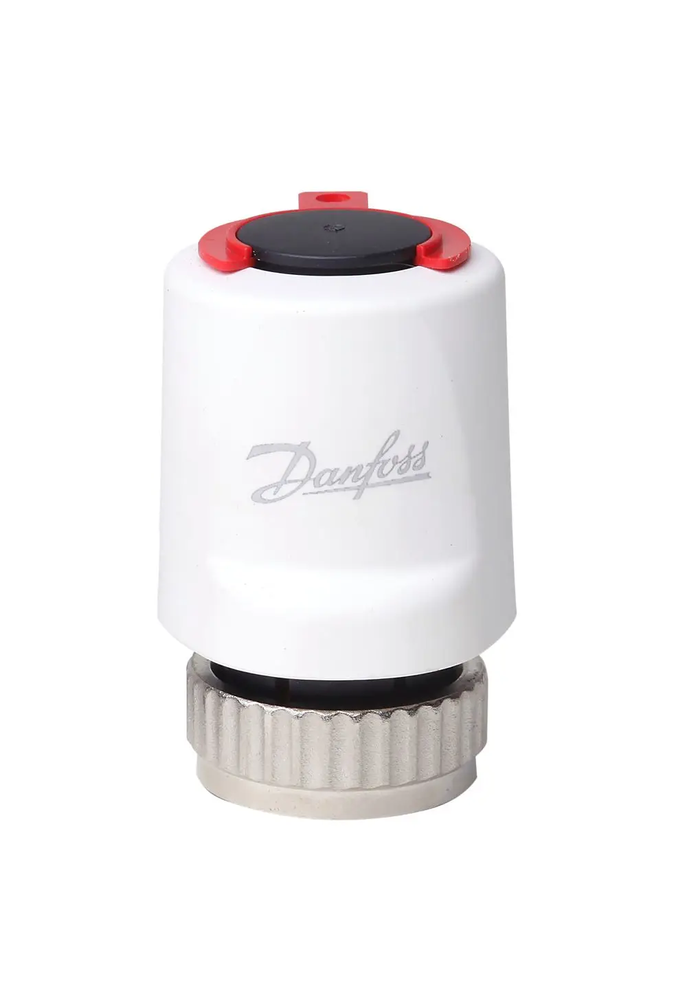 Weißer Stellantrieb von Danfoss mit rotem und schwarzem Deckel, ausgestattet mit einem Gewinde. Kompakt und geeignet für Heizungsanwendungen.