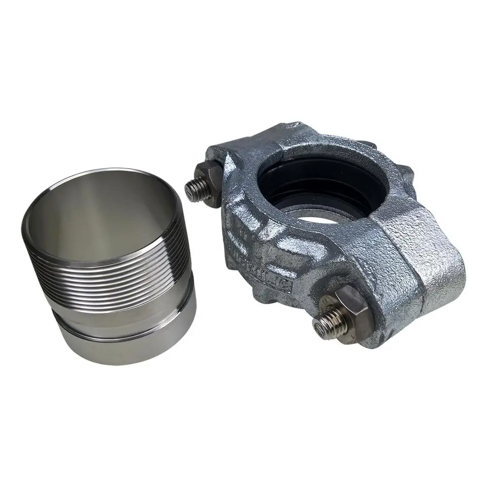 Grundfos Zubehör, bestehend aus einer Kupplung und einem Ring mit Dichtungen, geeignet für vertikale Kreiselpumpen. Komponenten in metallischer Ausführung.