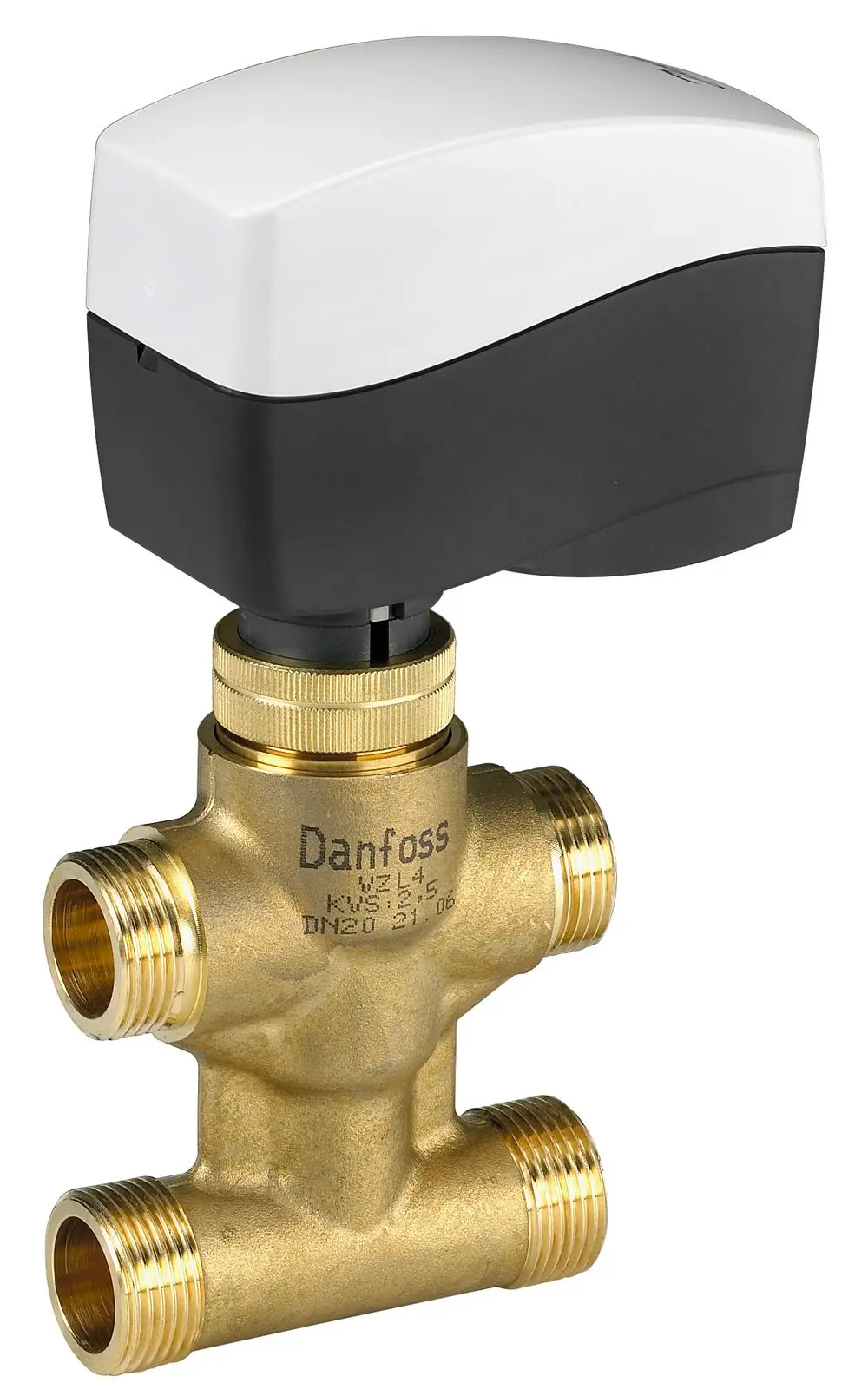 4-Wege-Ventil von Danfoss aus Messing mit mehreren Anschlussgewinden. Die obere Einheit hat eine schwarze und weiße Kappe.