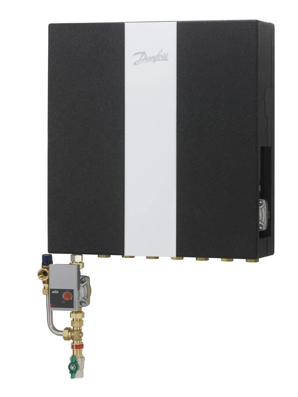 Wandradiator von Danfoss mit Anschlussventil und Regelungseinheit, umgeben von einer Dämmhaube, zur Nutzung in Heizungsanlagen.