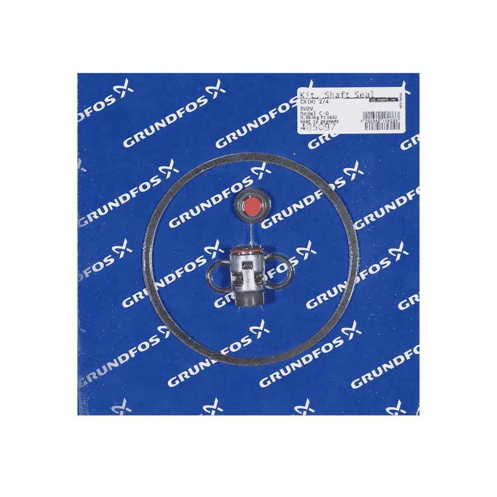 Ersatzteilset von Grundfos mit Gleitringdichtungen und einer O-Ring-Dichtung auf einem blauen Hintergrund mit dem Grundfos-Logo.