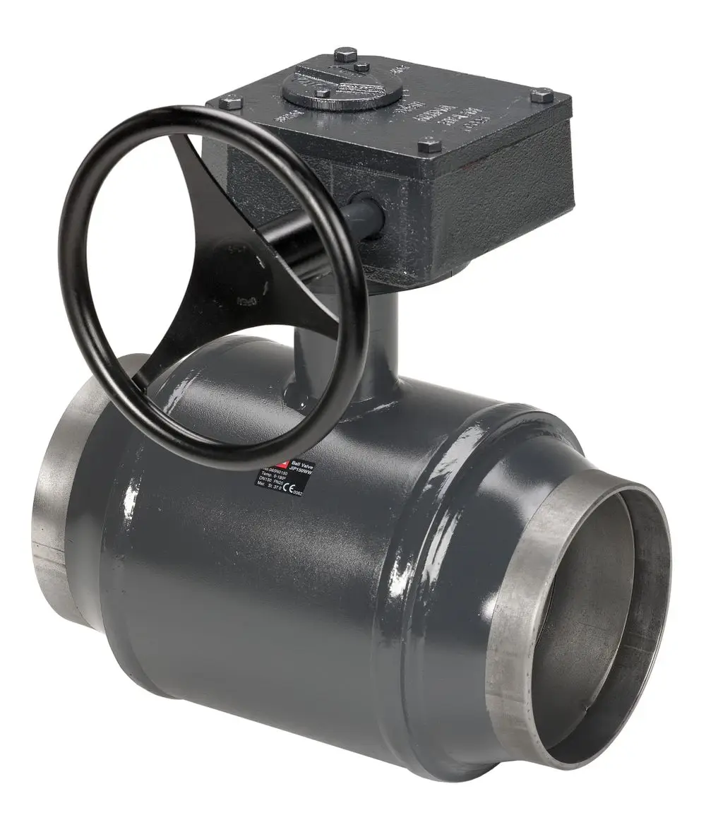 Kugelhahn mit handbetätigtem Stellrad, gefertigt von Danfoss. Das Produkt zeigt eine zylindrische Bauform mit Anschlussenden für Rohrleitungen.