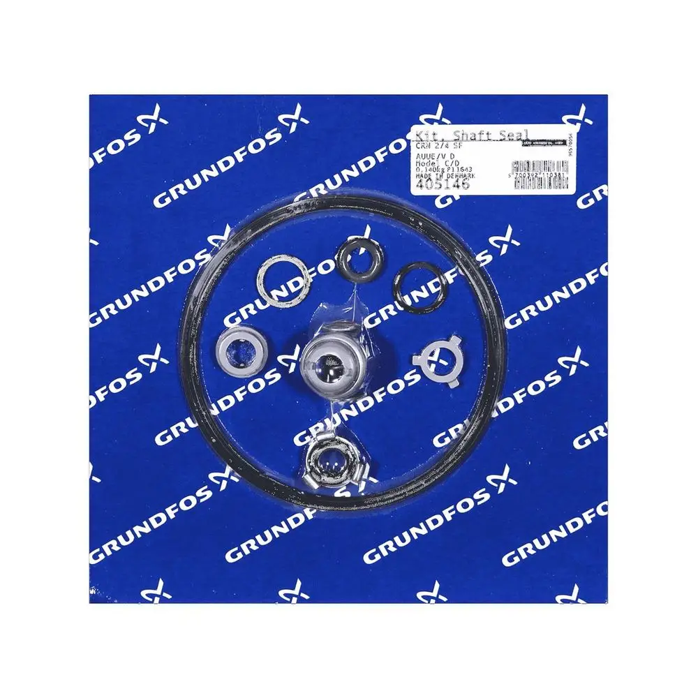 Ersatzteilset von Grundfos mit verschiedenen Dichtungen und Ringen, angeordnet auf blauer Unterlage mit Grundfos-Logo.