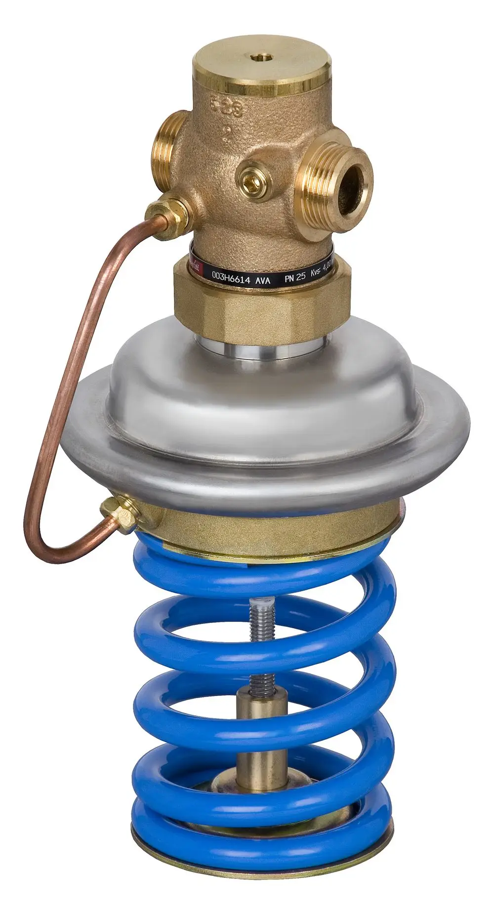 Danfoss Überströmregler mit aufgesetztem Ventilkopf, einer Kegelfeder und einem blauen Spiralfedermechanismus, zur Regelung von Druck und Durchfluss in hydraulischen Systemen.