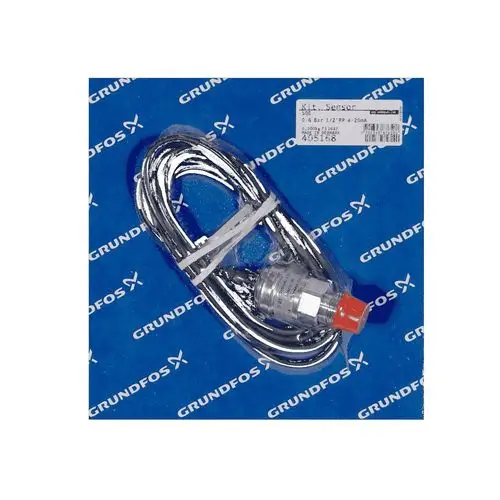 Verschiedene Kabel und ein Sensor von Grundfos, verpackt auf einem blauen Hintergrund mit dem Markennamen. Der Sensor hat einen roten Kopf und ist mit einem Metallgehäuse versehen.