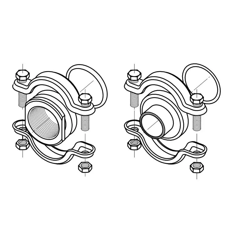 Technische Zeichnung einer CLAMP-Kupplung für Grundfos vertikale Kreiselpumpen, mit Detailansicht der Komponenten und Montagemöglichkeiten.