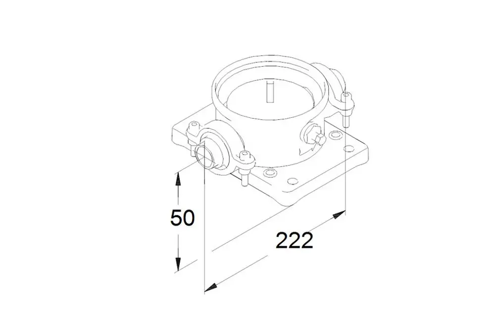 Zeichnung eines Grundfos Zubehörs mit Anschlüssen und Befestigungselementen für vertikale Kreiselpumpen. Maße sind nicht lesbar.