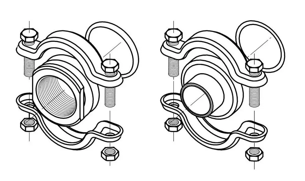 CLAMP-Kupplung von Grundfos für vertikale Kreiselpumpen, bestehend aus zwei Teilen mit Befestigungsschrauben und Dichtungen. Diagramm zeigt Montageansicht und Komponenten.
