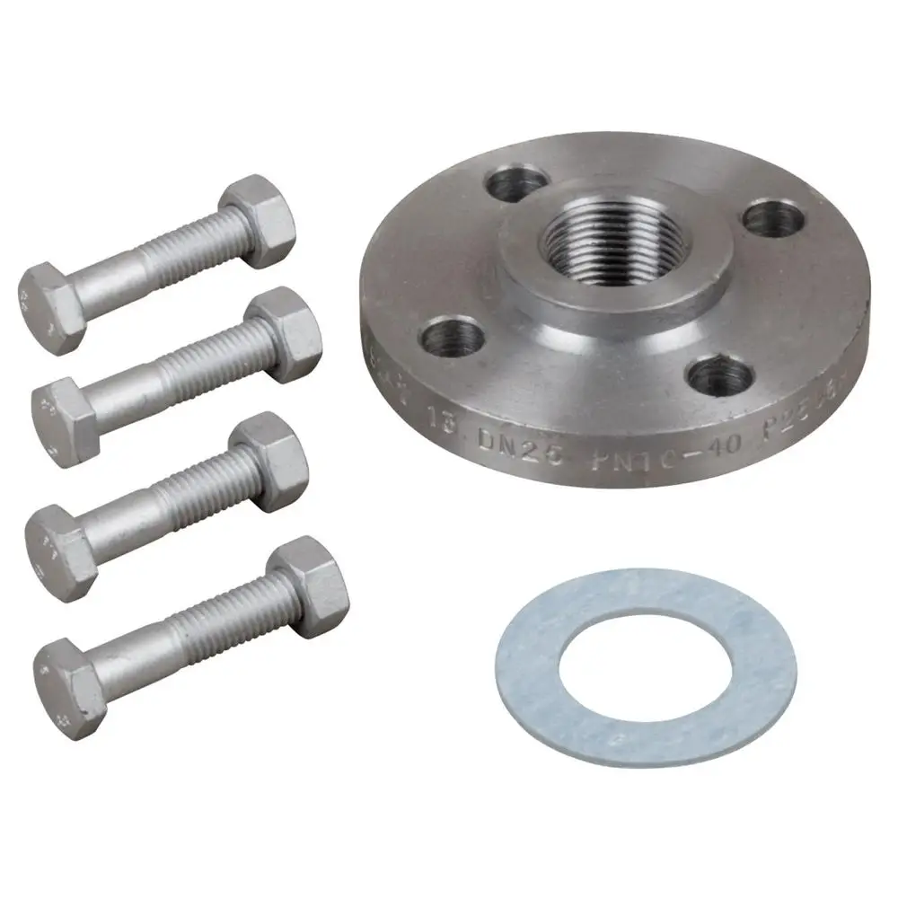 Gegenflansch aus Metall mit vier Schrauben und einer Dichtung, geeignet für Grundfos vertikale Kreiselpumpen. Flansch hat zwei Bohrungen.