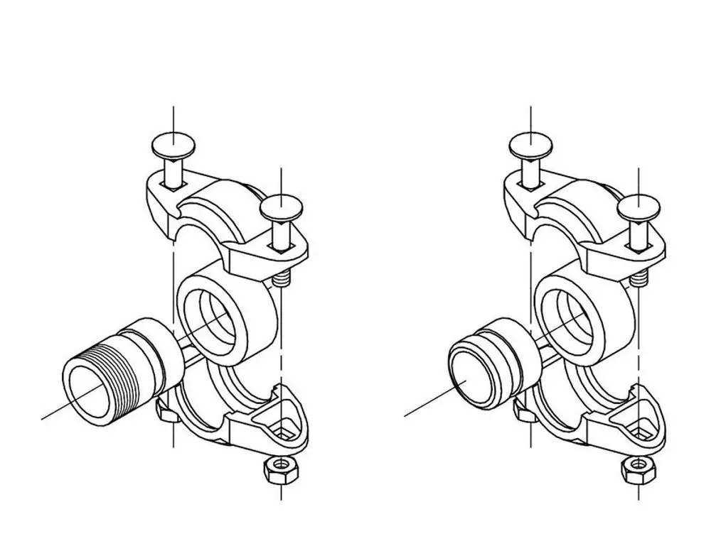 Technische Zeichnung einer Victaulic-Kupplung für vertikale Kreiselpumpen von Grundfos, bestehend aus zwei Halterungen und einer Verbindung.