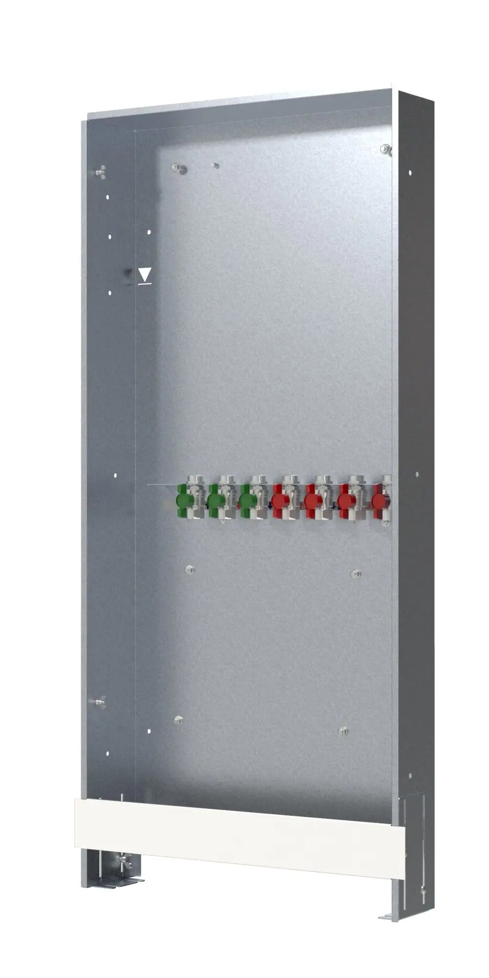 Unterputzkasten aus Metall mit mehreren Ventilanschlüssen in Rot und Grün. Geeignet für die Installation von Danfoss Heizungs- oder Regelungssystemen.