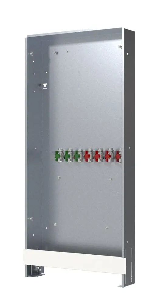 Unterputzkasten aus Metall mit mehreren Ventilanschlüssen in Rot und Grün. Geeignet für die Installation von Danfoss Heizungs- oder Regelungssystemen.