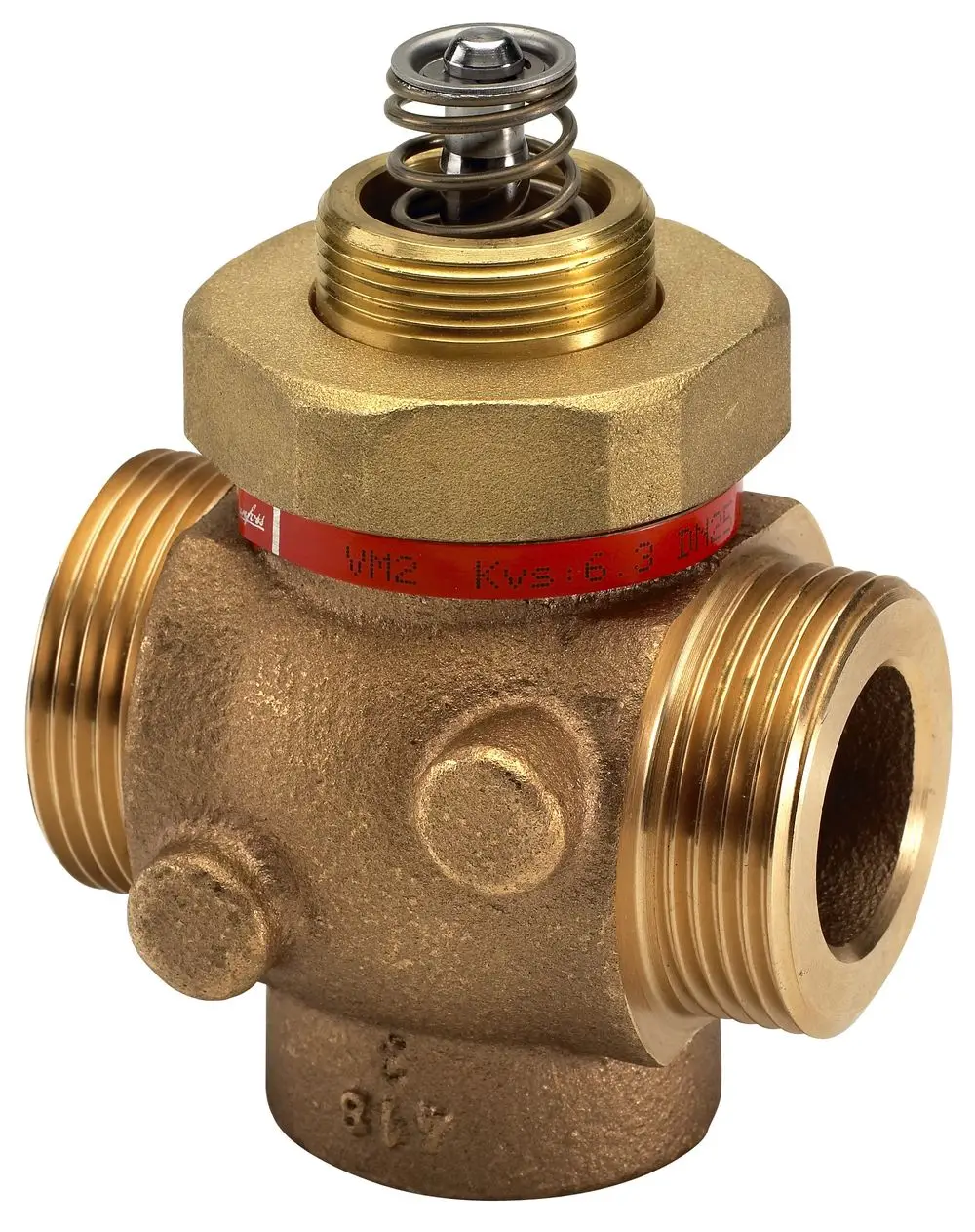 Danfoss Durchgangsventil aus Messing mit einer Feder und drei Anschlussgewinden. Sichtbare Teile und Beschriftungen zur Identifikation sind vorhanden.