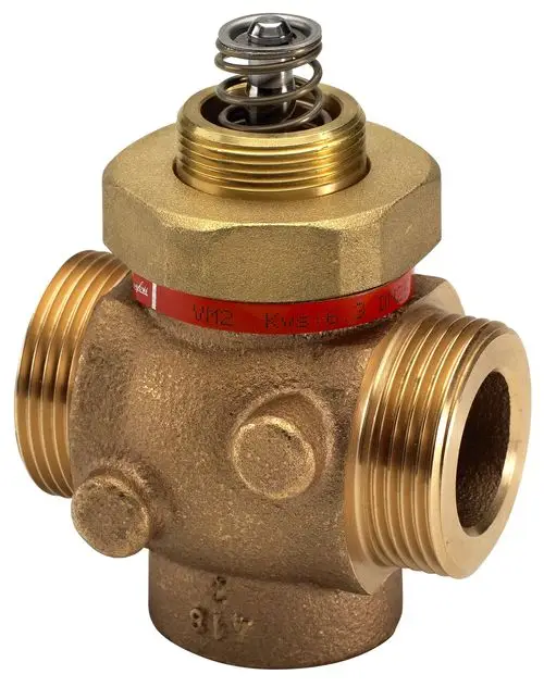 Danfoss Durchgangsventil aus Messing mit einer Feder und drei Anschlussgewinden. Sichtbare Teile und Beschriftungen zur Identifikation sind vorhanden.