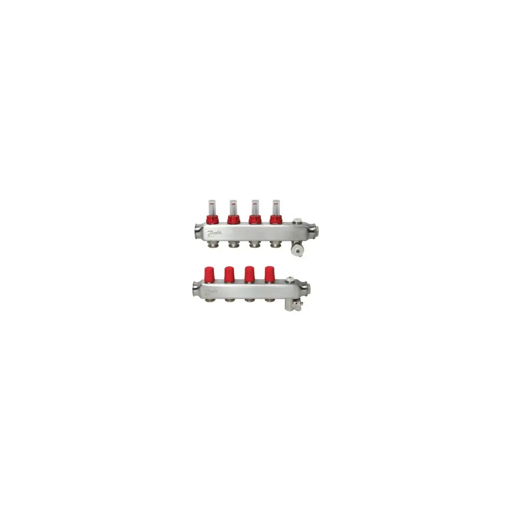 Danfoss FBH-Verteiler mit mehreren Anschlüssen und Durchflussanzeigen für die Verteilung von Heizungswasser in einem Heizsystem.