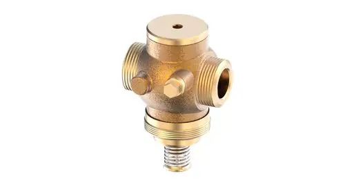 Messing Durchgangsventil mit äußeren Gewindeanschlüssen, auf einem weißen Hintergrund. Danfoss-Produkt mit mehreren Anschlussbohrungen zur flexiblen Installation.
