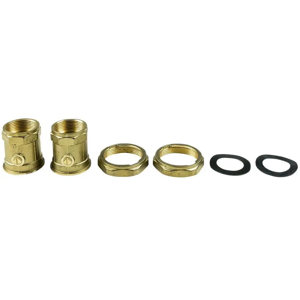 Zwei Messing-Kugelventile und zwei Messing-Mutterteile mit zwei Gummidichtungen, geeignet für Grundfos Umwälzpumpen.