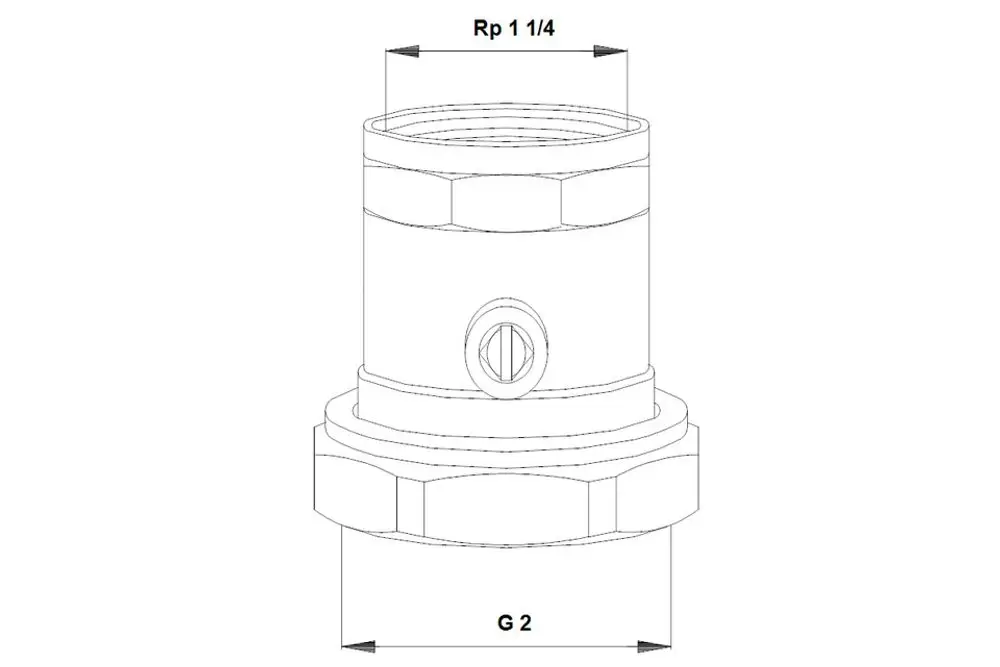 Kugelventilsatz für Umwälzpumpen von Grundfos, mit Gewindeanschlüssen, einer Hälfte mit Rp-Anschluss und einer mit G-Anschluss, in schematischer Darstellung.