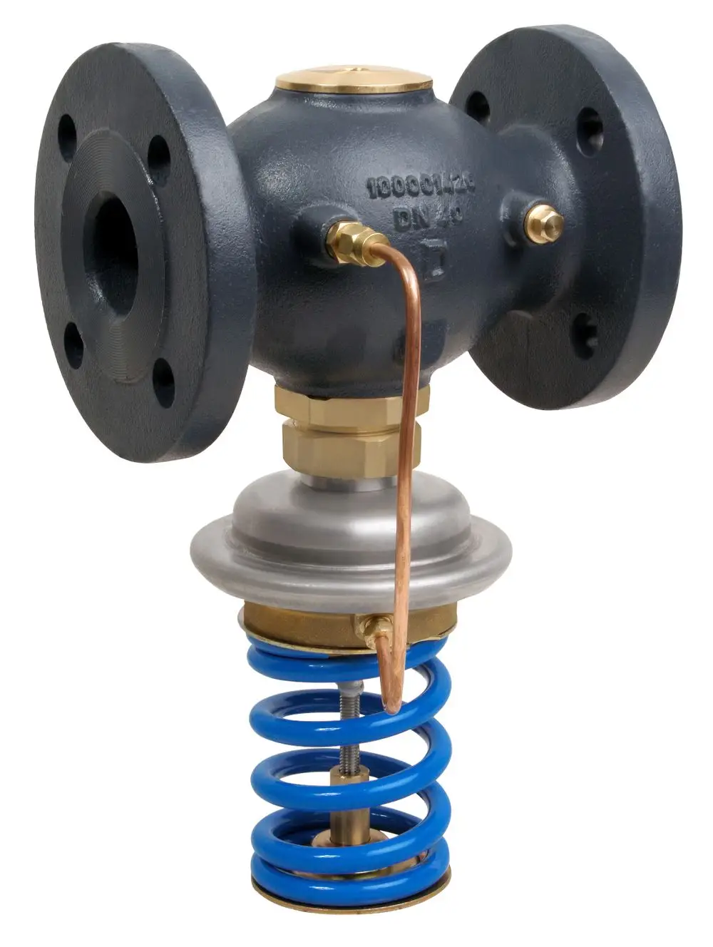 Danfoss Überströmregler mit Flanschanschluss, sichtbar sind ein kugelförmiges Gehäuse, ein Metallkolben und eine blaue Spiralfeder.