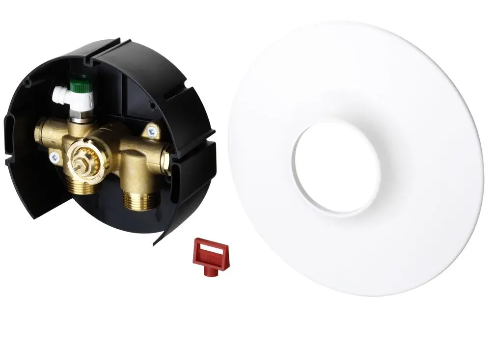Wandeinbaukasten von Danfoss mit rundem Abdeckungsdesign, ausgestattet mit einem Ventilanschluss, geeignet für den Einbau in Wänden.