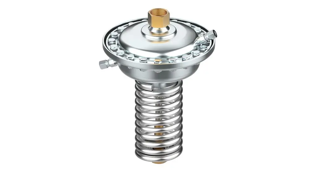 Danfoss Überströmregler mit einem kompakten Design, der eine Druckregelung von 0,15 bis 1,2 bar ermöglicht, abgebildet mit einer spiralartigen Feder und Anschlussstellen.