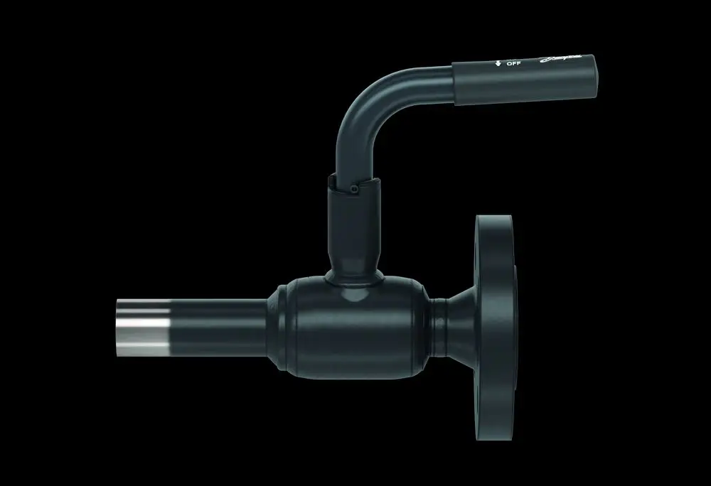 Kugelhahn mit einem geraden Auslass und einem drehbaren Hebel, schwarz beschichtet. Danfoss-Logo auf der Griffoberfläche sichtbar. Design für effiziente Steuerung von Strömungen.