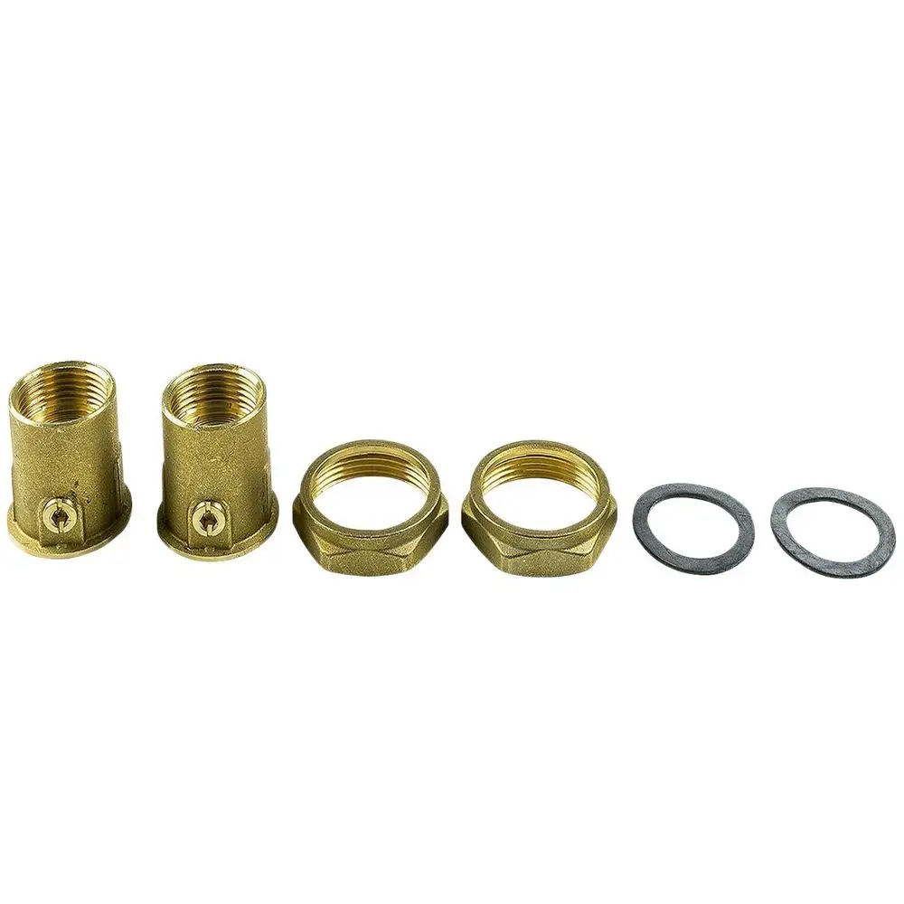 Zubehörset von Grundfos für Umwälzpumpen, bestehend aus zwei Kugelventilen, zwei Überwurfmuttern und zwei Dichtungen, alle in Metalloptik.