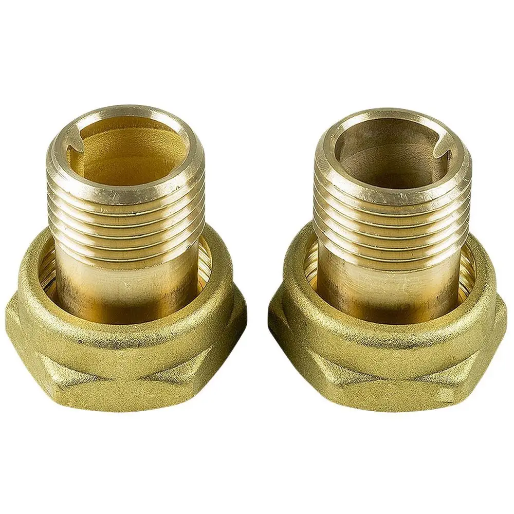 Zwei Metallrohrverschraubungen von Grundfos mit Innen- und Außengewinde, geeignet für Umwälzpumpen, in einem klaren Design ohne sichtbare Beschädigungen.