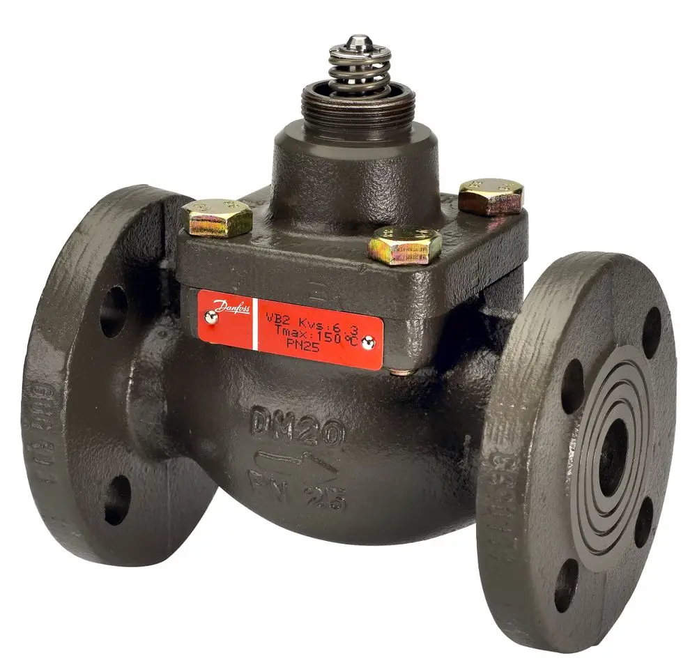 Durchgangsventil von Danfoss mit Flanschen zur Verbindung. Es ist aus Gusseisen gefertigt und für Druckstufen bis PN25 ausgelegt.