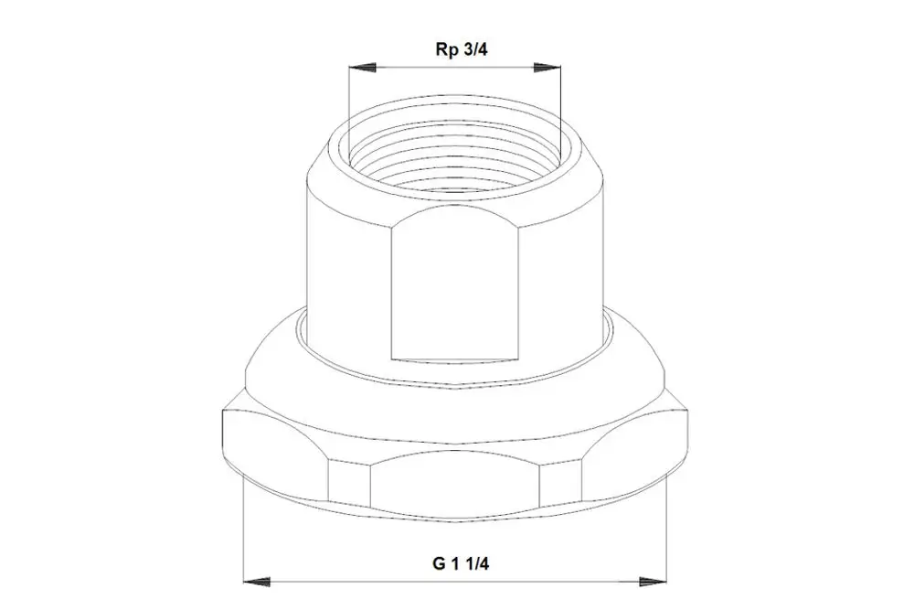 Rohrverschraubung mit Innengewinde, geeignet für Umwälzpumpen von Grundfos. Das Bauteil zeigt gewindeartige Strukturen und ist zur Verbindung von Rohren konzipiert.