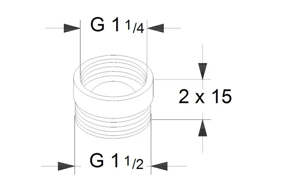 Grundfos Zubehörteil, Ausgleichsstück mit Innengewinde G 1 ¼ und G 1 ½. Abmessungen im Bild dargestellt, geeignet für Umwälzpumpen.