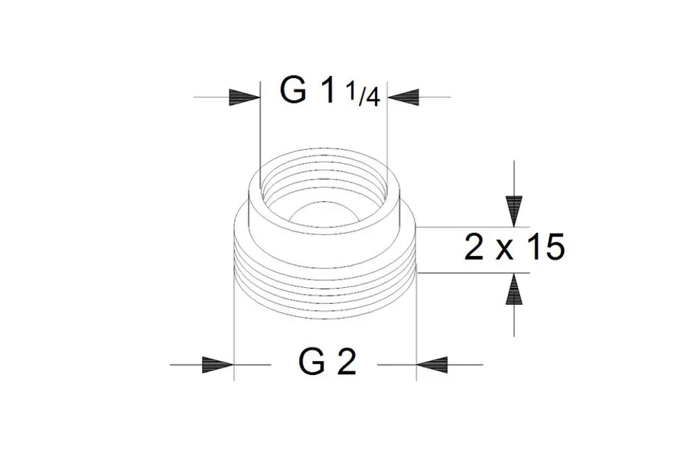 Grundelement von Grundfos mit Gewinden G 1¼ und G 2, Durchmesser an zwei Stellen, jeweils für eine Dichtfläche. Technisches Zeichnungsdesign, maßstabsgerecht.