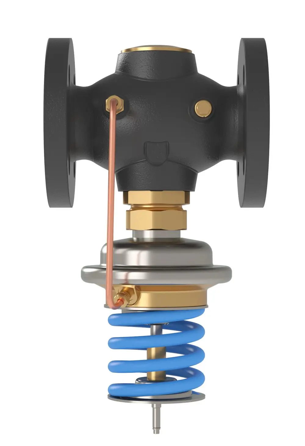Druckminderer von Danfoss mit zwei Flanschen, verbunden durch eine Federmechanik und einem blauen Spiralteil. Zusammenbau für Druckregelung.