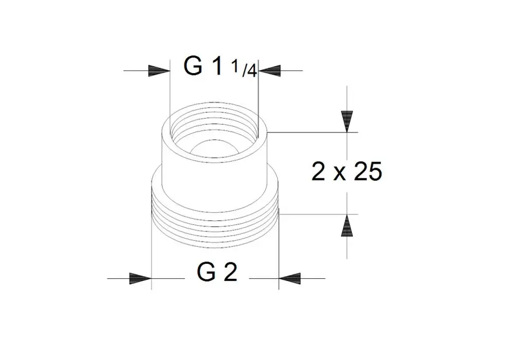 Technisches Produkt von Grundfos, ein Ausgleichsstück mit Innengewinde und zwei Anschlussstellen. Konstruktionszeichnung mit Maßen und Gewindeangaben.