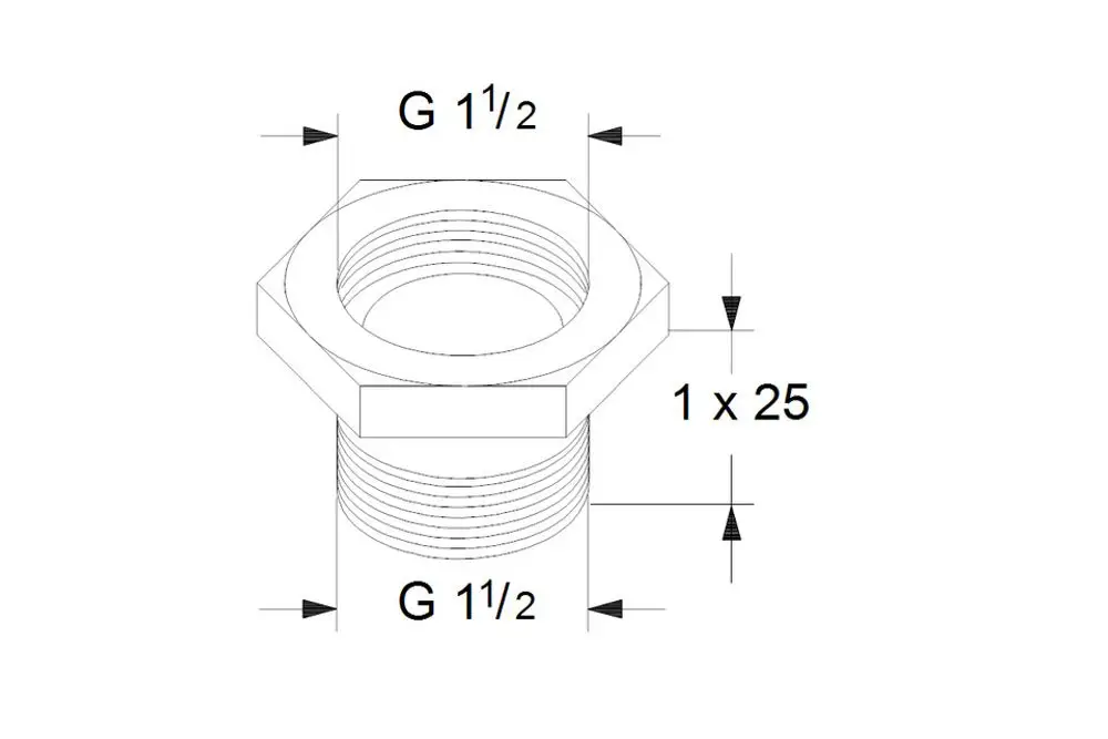 Grundfos Zubehörteil mit Gewinde, das ein G 1 1/2-Anschluss zur Verwendung in Umwälzpumpensystemen darstellt. Hexagonal geformt mit definierten Abmessungen.