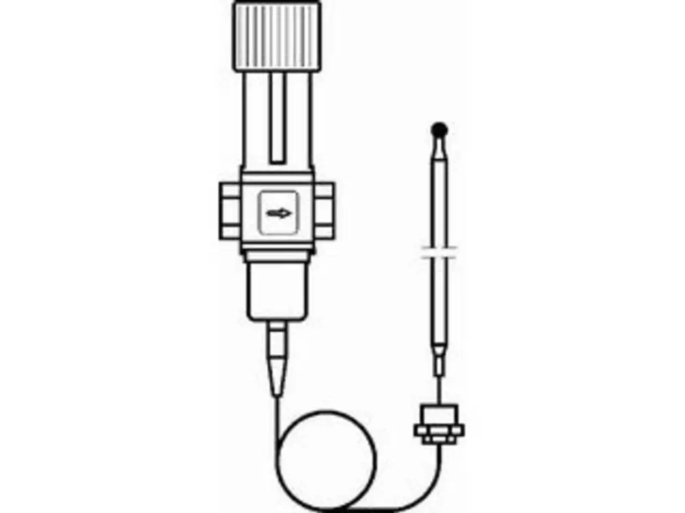 Temperaturregler von Danfoss mit einem Anschluss und einem Fühler, dargestellt in schematischer Ansicht. Enthält Komponenten zur Temperaturregelung.