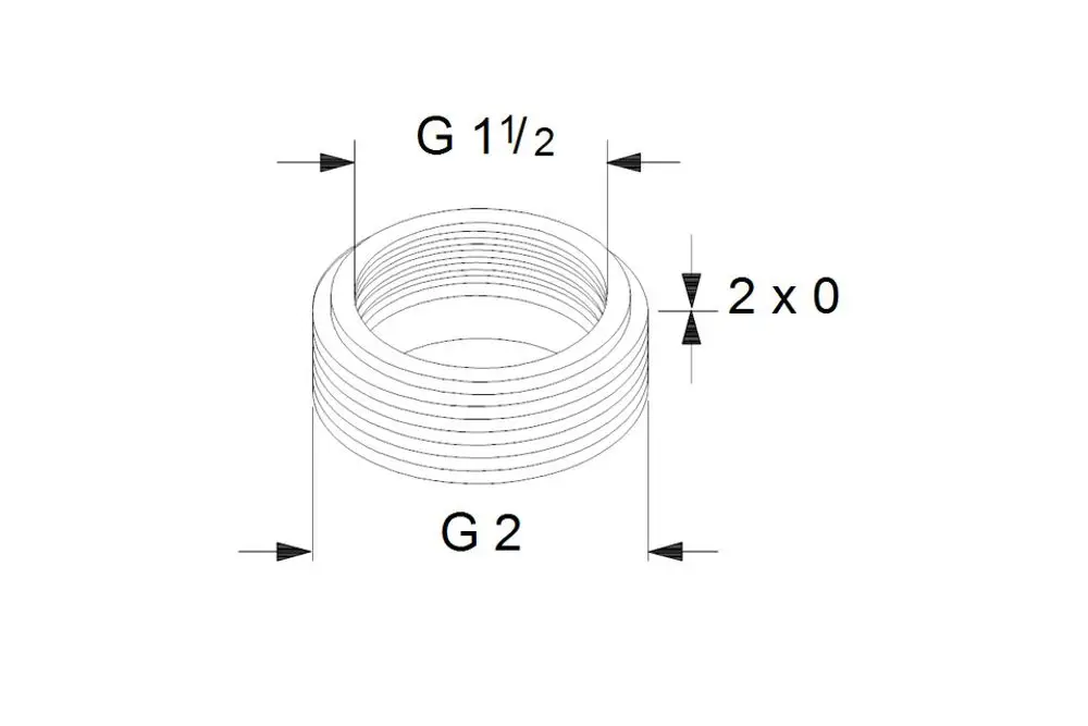 Grundfos Zubehör für Umwälzpumpen, schematische Darstellung eines Ausgleichsstücksatzes mit Gewinden. Maße und spezifische Details sind im Bild vorhanden.