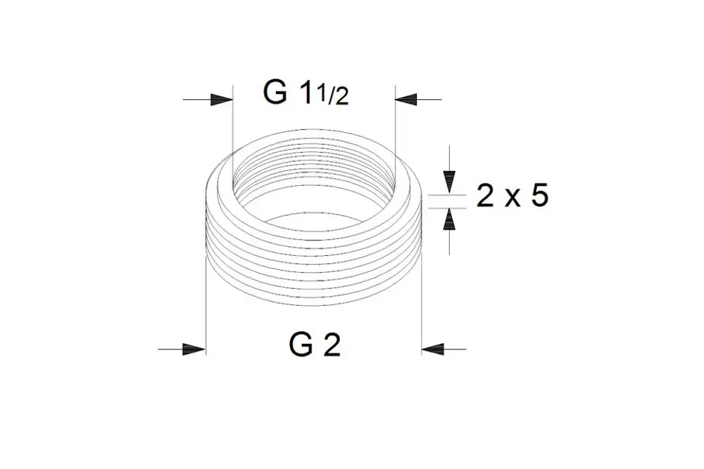 Grundfos Zubehörteil, Ausgleichsstücksatz, mit Gewindeanschnitten für G1 1/2 und G2, zeigt spiralförmige Rillen auf der Oberfläche.