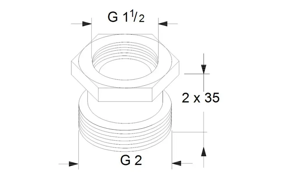 Grundfos Zubehör für Umwälzpumpen, bestehend aus einem Ausgleichsstück mit G1 1/2 und G2 Gewinde. Darstellung in technischer Zeichnung mit Maßangaben.