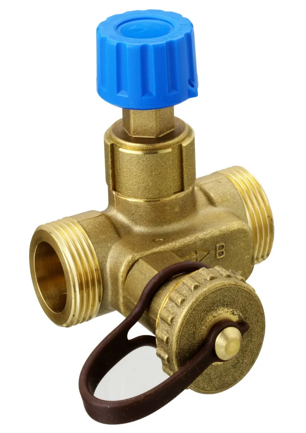 Brass valve with a blue plastic handle, featuring threaded connections. Suitable for various plumbing applications. Manufactured by Danfoss.