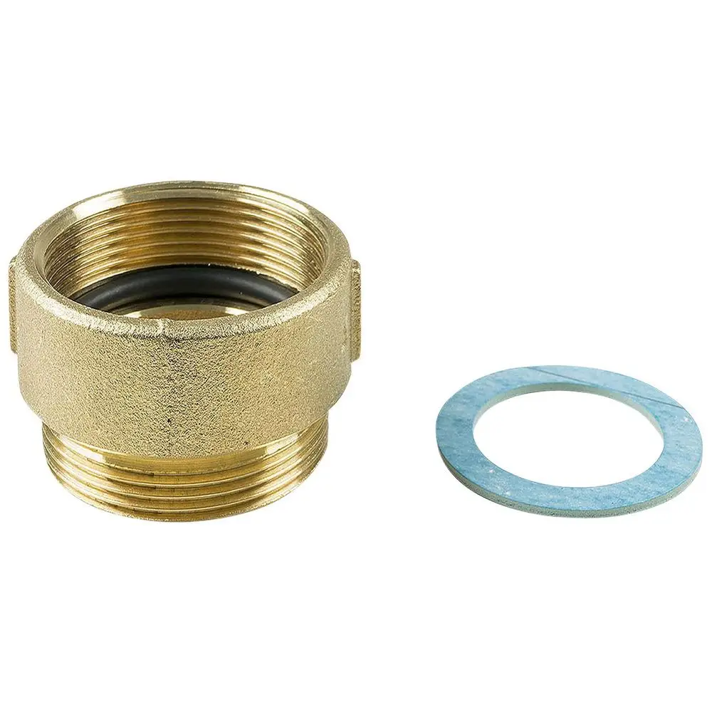 Grundfos Zubehör für Umwälzpumpen, bestehend aus einem goldenen Ausgleichsstück mit Innengewinde und einer blaue Dichtung.