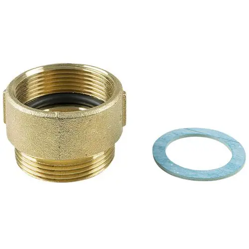 Grundfos Zubehör für Umwälzpumpen, bestehend aus einem goldenen Ausgleichsstück mit Innengewinde und einer blaue Dichtung.