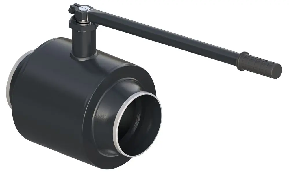 Danfoss Kugelhahn mit Handhebel in schwarzer Ausführung. Der Anschluss ist zylindrisch, geeignet für Rohrsysteme in der Industrie oder in der Haustechnik.