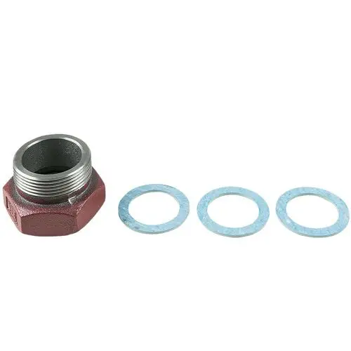 Grundfos Zubehör bestehend aus einem roten Anschlussstück mit Gewinde und drei blauen Dichtungen zur Verwendung mit Umwälzpumpen.
