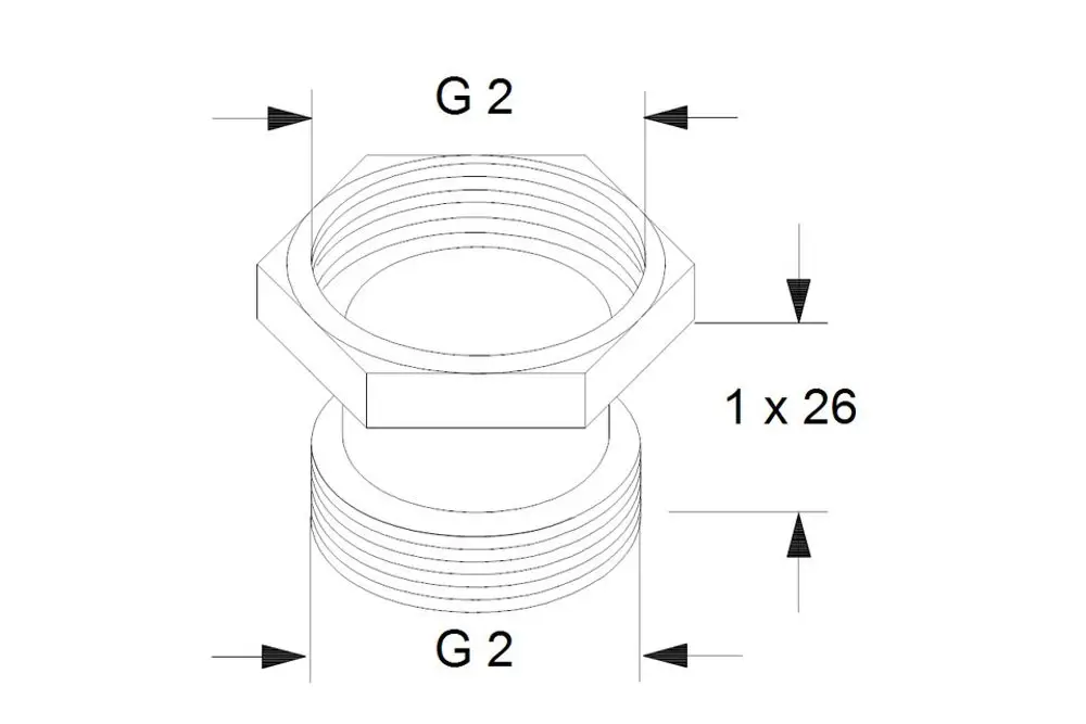 Grundfos Zubehör für Umwälzpumpen, grafische Darstellung eines Ausgleichsstücks mit G2-Gewinden, hexagonalem Kopf und threaded Verbindung.
