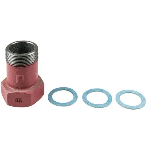 Rotes Ausgleichsstück aus Metall mit Innengewinde und drei blauen Dichtungsringen, geeignet für Grundfos Umwälzpumpen.