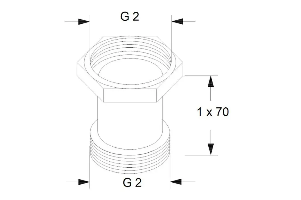 Grundfos Zubehörteil, zylindrisches Ausgleichsstück mit einem Anschluss G2 und einem weiteren G2-Anschluss, mit hexagonalem Kopf zur Befestigung.