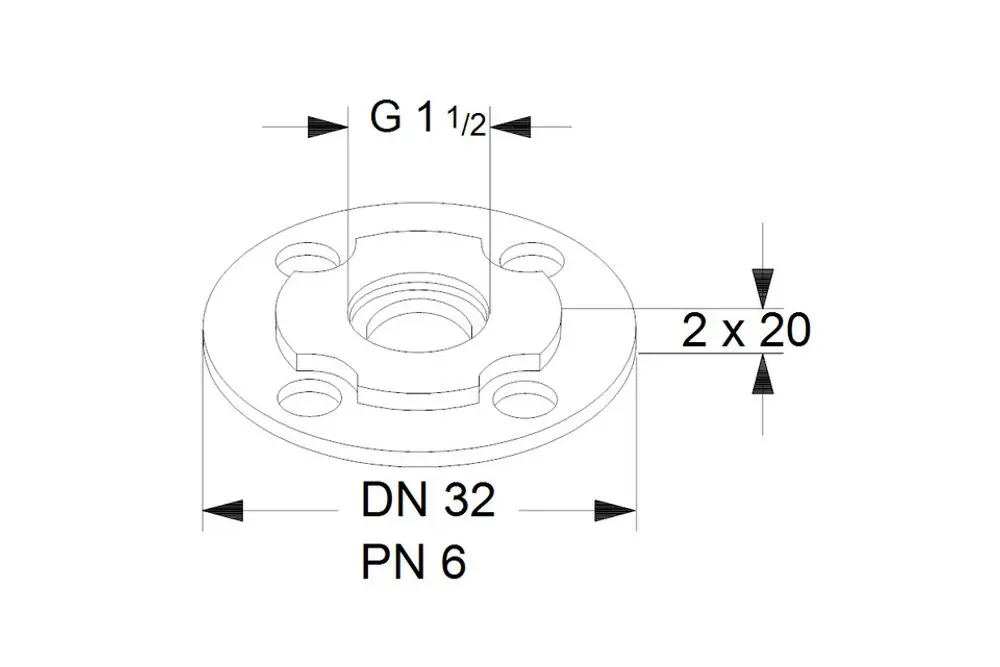 Flansch aus Metall mit zentralem Gewinde, vier Bohrlöchern zur Befestigung. Ideal für den Einsatz mit Grundfos Umwälzpumpen und zur Verbindung von Rohrleitungen.