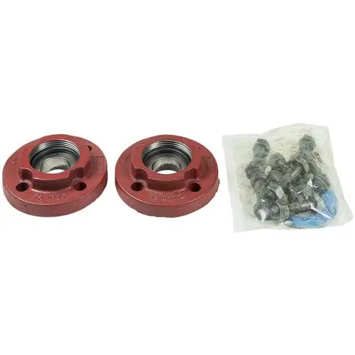 Zwei rote Ausgleichsstücke aus Metall mit Innengewinde, dazu eine Packung mit mehreren Schrauben, geeignet als Zubehör für Grundfos Umwälzpumpen.
