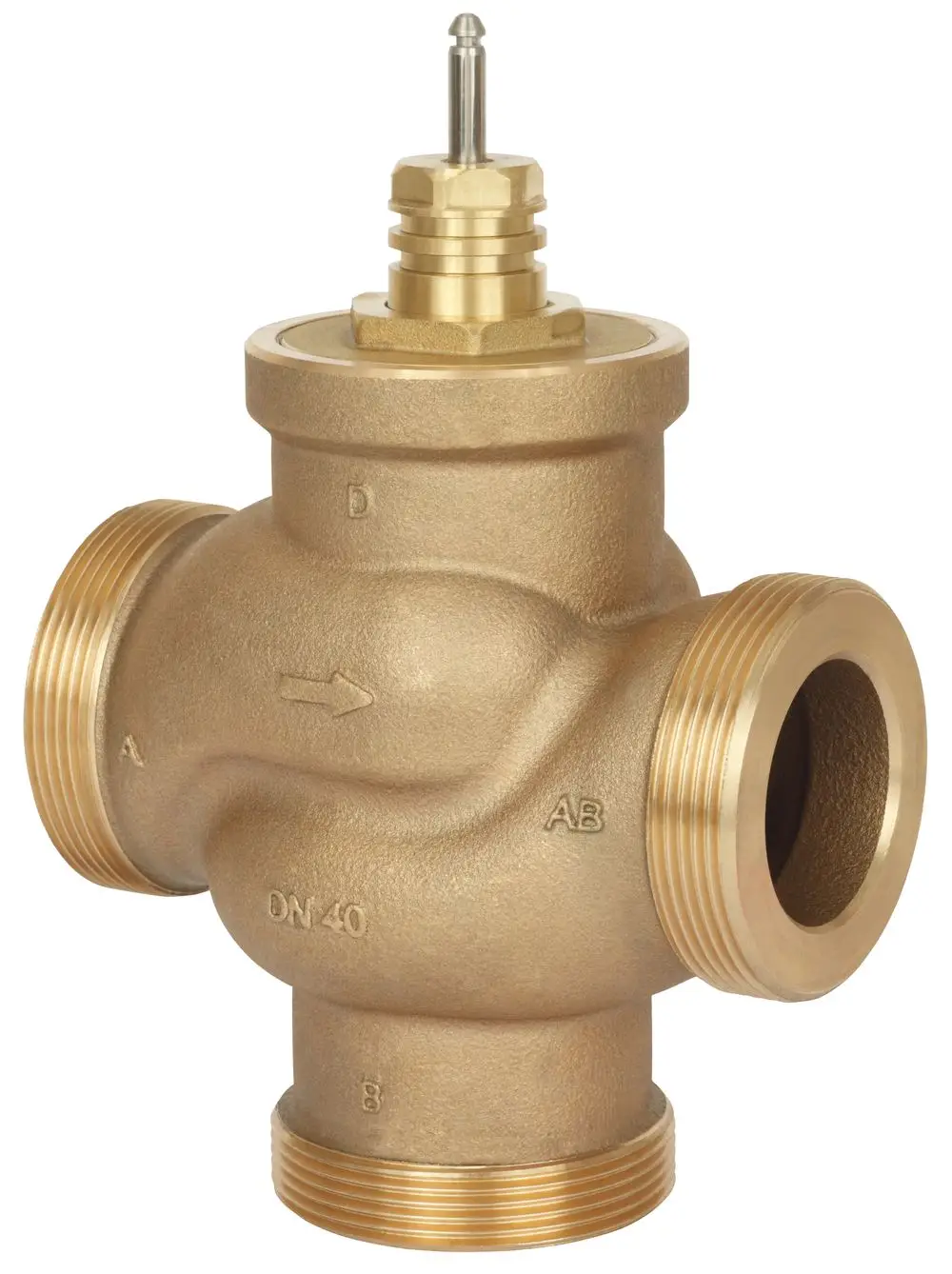 Danfoss 3-Wege-Mischventil aus Messing mit mehreren Anschlussgewinden und einer Steuerungsspitze zur Regelung des Durchflusses.